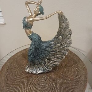 Graceful Resin Peacock Dancer Sculpture in Gold and Teal